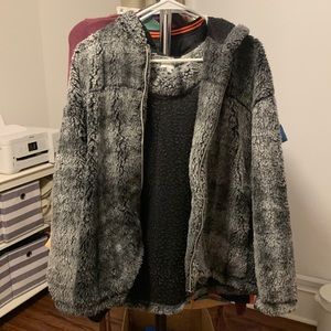 Warm and Cozy Fuzzy Grey Teddy Bear Zip-up Hooded Jacket with Pockets. Women’s L